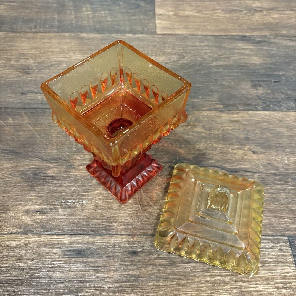 Vintage Amberina Glass Covered Pedestal Square Wedding Box Dish 8.5" - Picture 4 of 8
